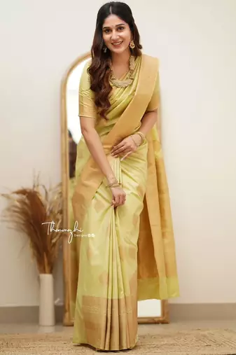 Light yellow soft silk blend banarasi jacuard work designer saree with blouse