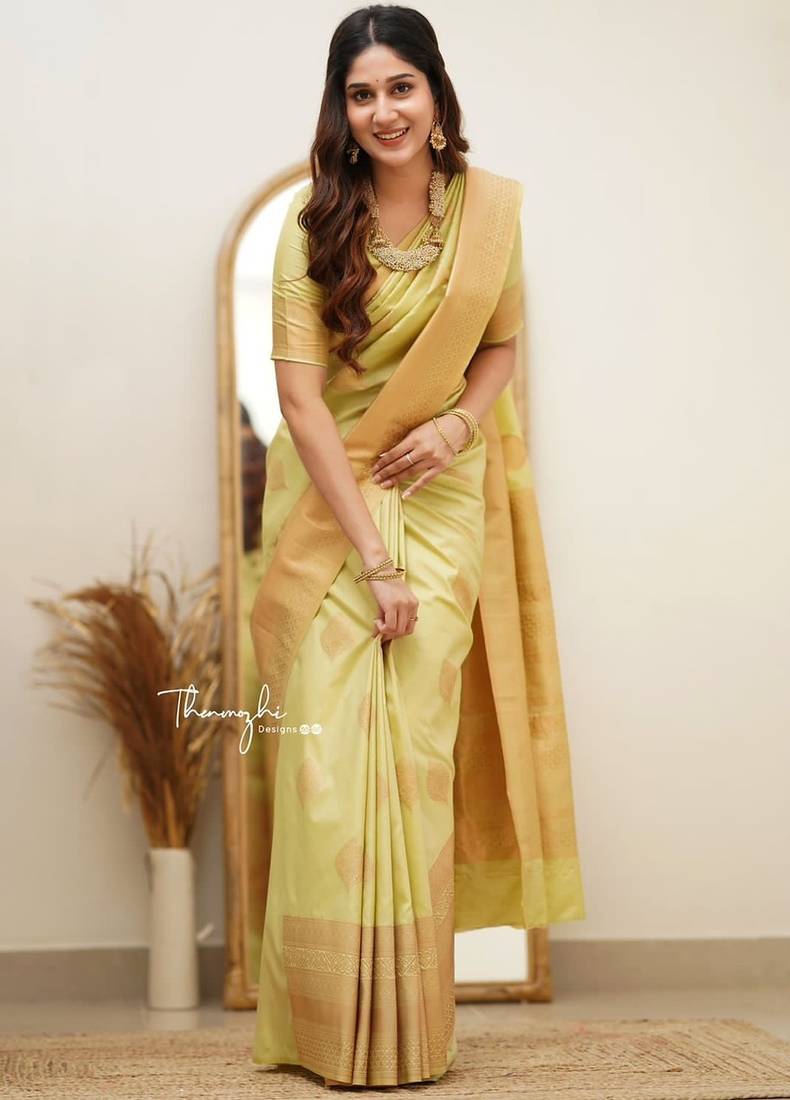 Light yellow soft silk blend banarasi jacuard work designer saree with blouse