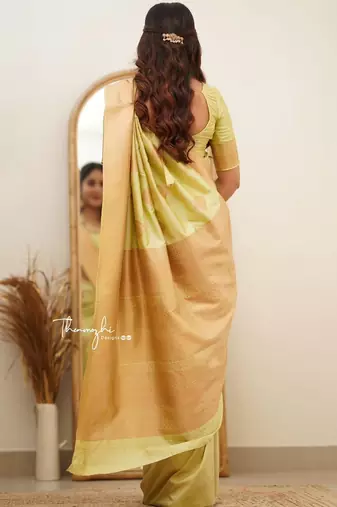 Light yellow silk blend banarasi jaquard designer saree with blouse