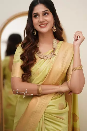 Light yellow silk blend banarasi jaquard designer saree with blouse