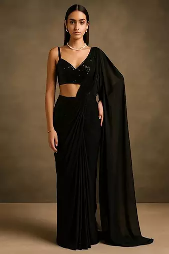 Black georgette pre draped saree set