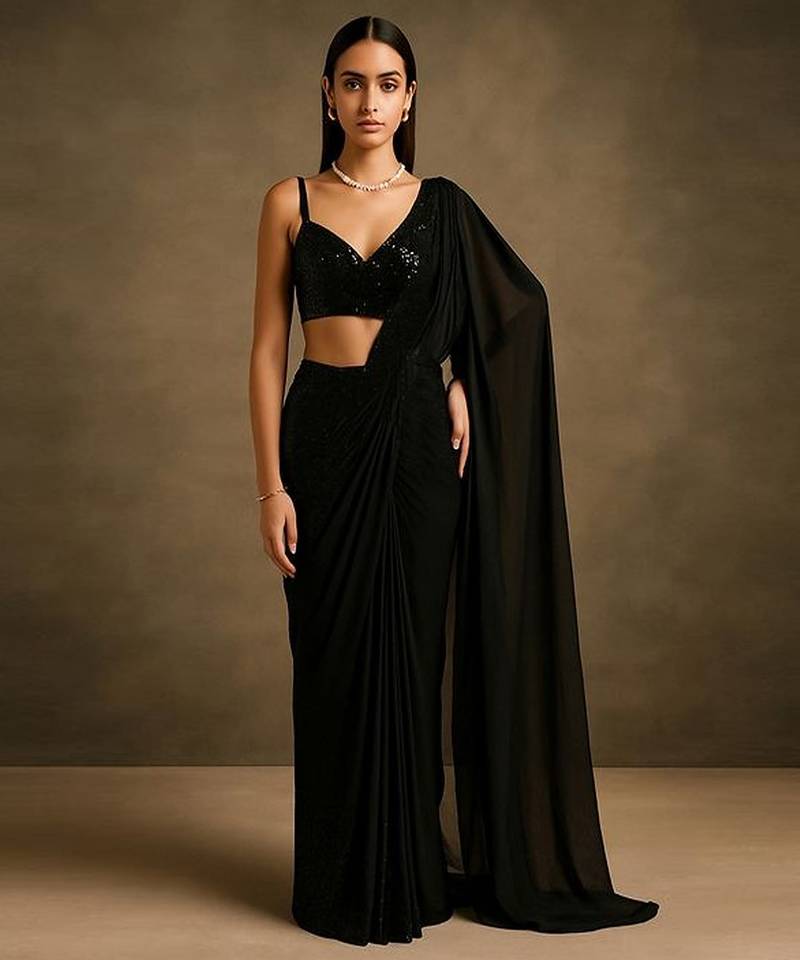 Black georgette pre draped saree set