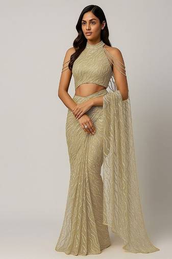 Beige embroidered net pre draped saree set