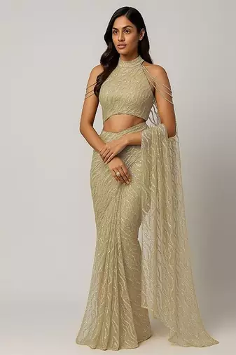 Beige embroidered net pre draped saree set