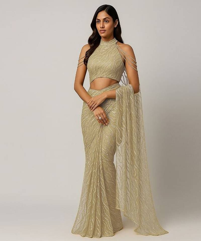 Beige embroidered net pre draped saree set