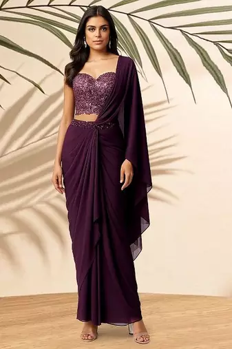 Purple embroidered georgette pre draped saree set