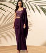 Purple embroidered georgette pre draped saree set