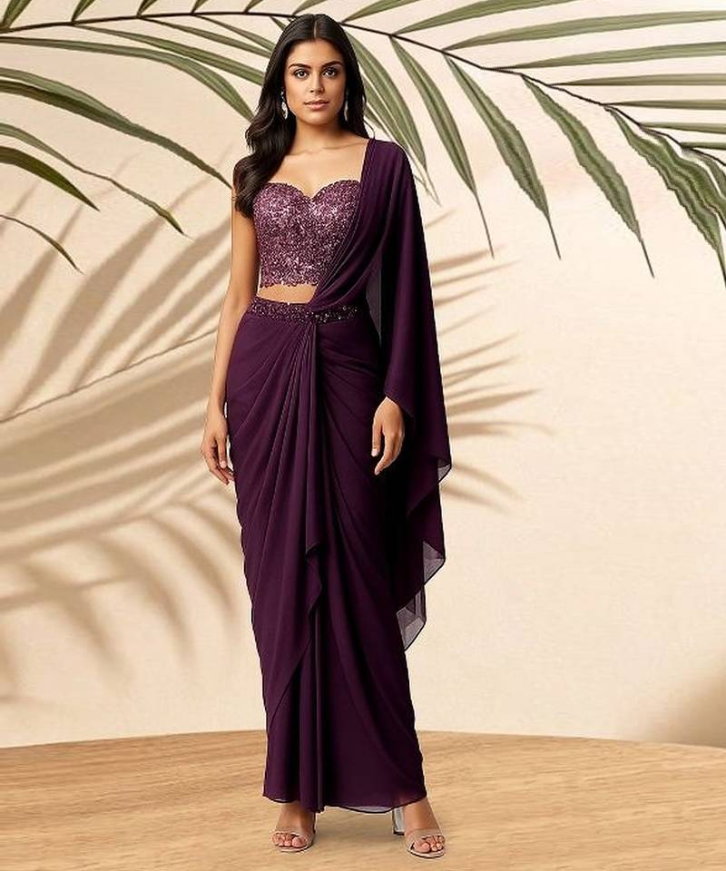 Purple embroidered georgette pre draped saree set
