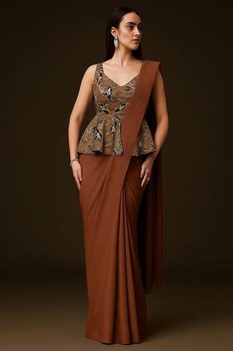 Brown pre draped saree set
