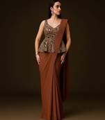 Brown pre draped saree set