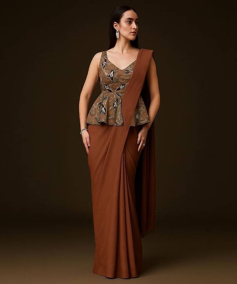 Brown pre draped saree set