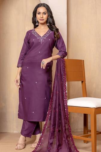 Women's roman silk embroidered purple kurta pant set with chanderi dupatta