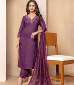 Women's roman silk embroidered purple kurta pant set with chanderi dupatta