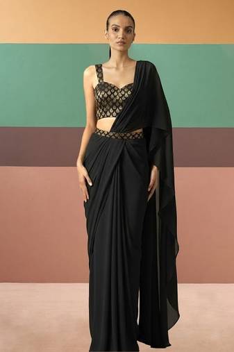 Black brocade silk pre draped saree set