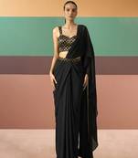 Black brocade silk pre draped saree set