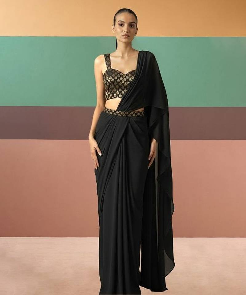 Black brocade silk pre draped saree set