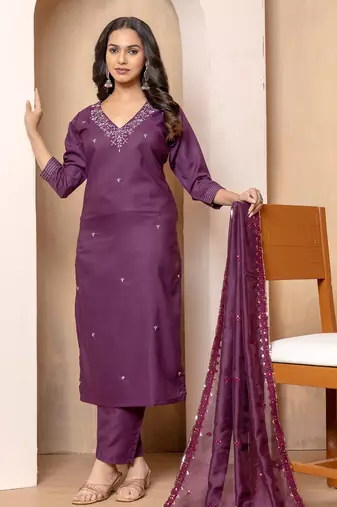 Women's roman silk embroidered purple kurta pant set with chanderi dupatta