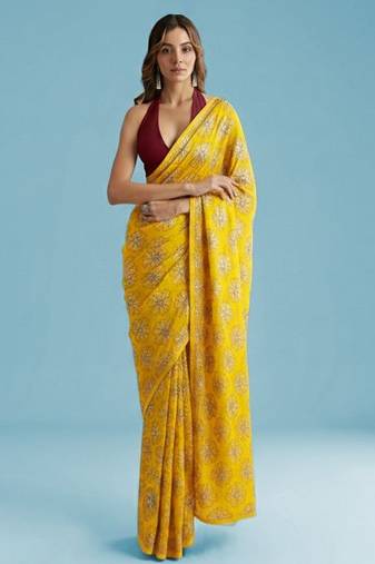 Yellow embroidered silk pre draped saree set