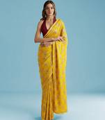Yellow embroidered silk pre draped saree set
