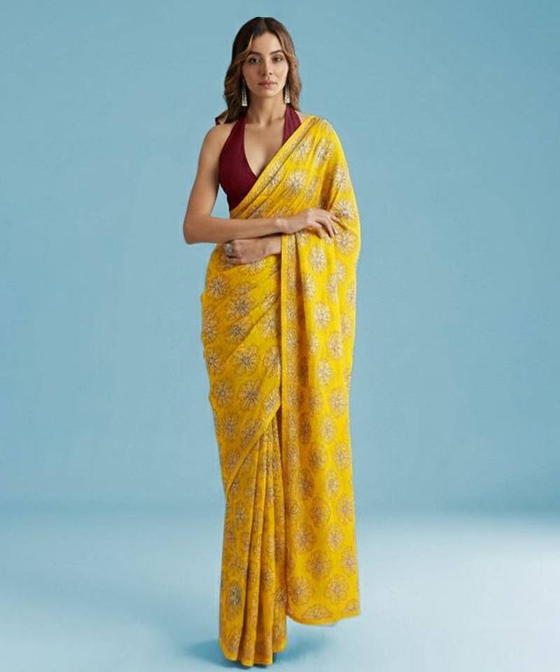 Yellow embroidered silk pre draped saree set