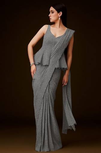 Grey embellished lurex pre draped saree set