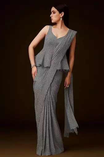Grey embellished lurex pre draped saree set