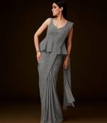 Grey embellished lurex pre draped saree set
