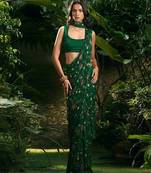 Green embroidered silk pre draped saree set