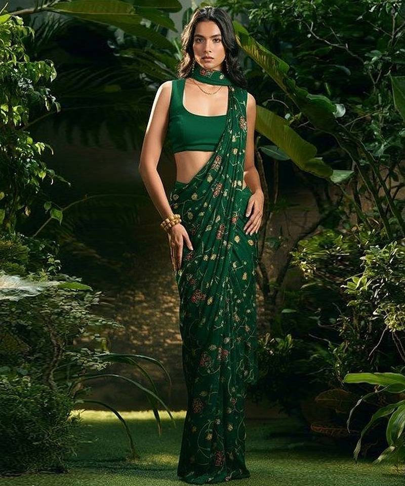 Green embroidered silk pre draped saree set