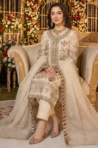 White chiffon suit with embroidery & sequin work