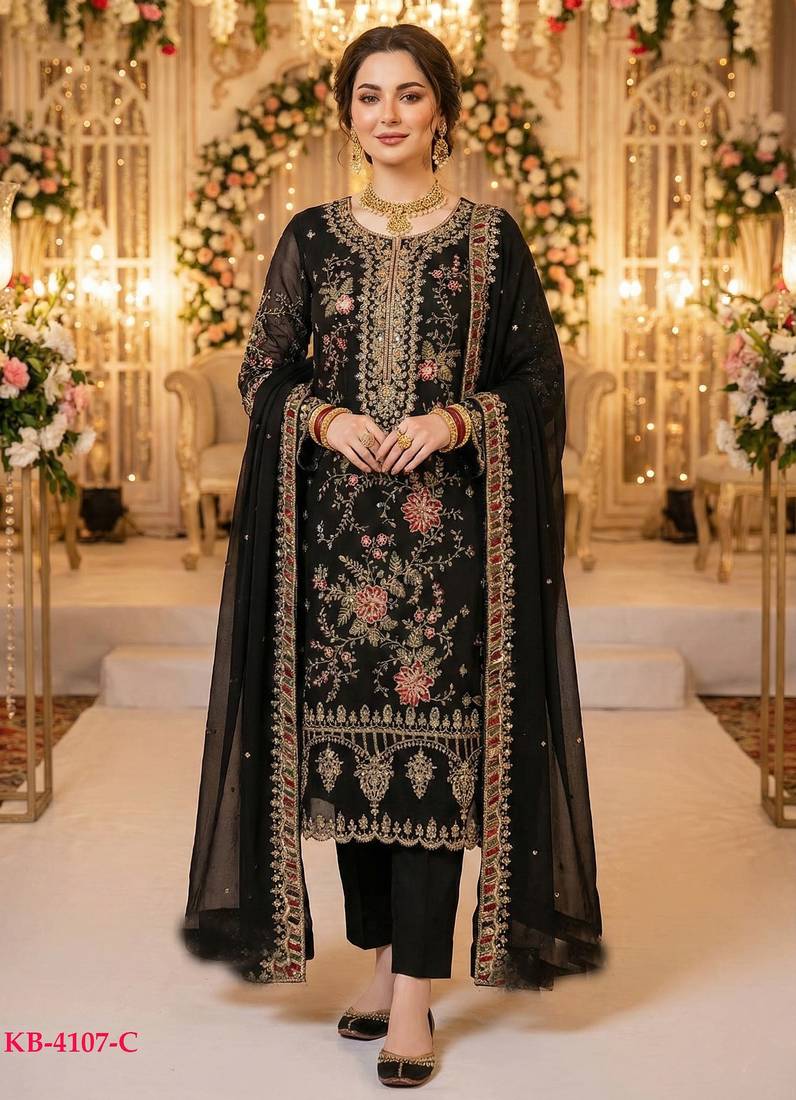 Black chiffon suit with embroidery & sequin work