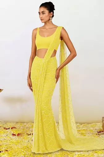 Yellow embroidered net pre draped saree set