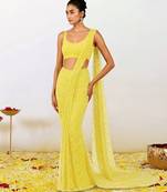 Yellow embroidered net pre draped saree set
