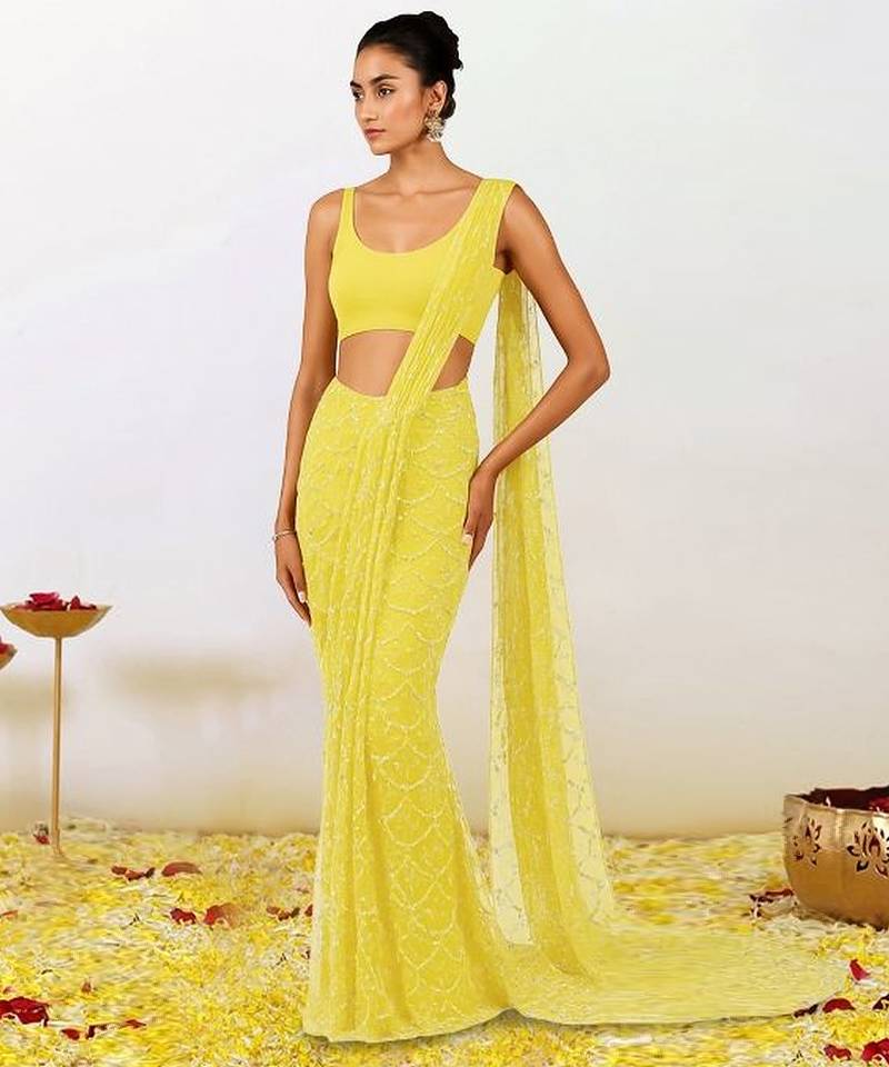 Yellow embroidered net pre draped saree set