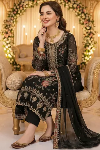 Black chiffon suit with embroidered sequin 