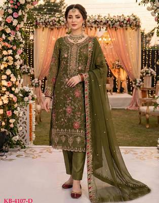 Mehendi chiffon suit with embroidered sequin  1
