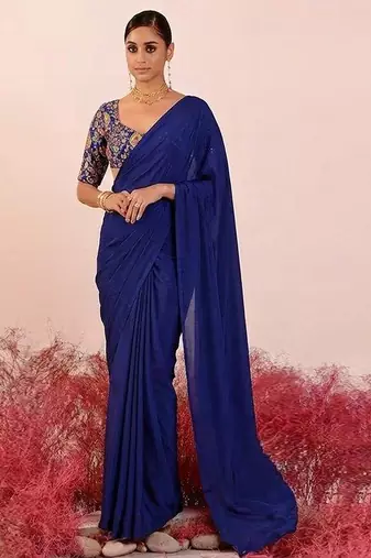 Blue embroidered crepe pre draped saree set
