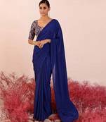 Blue embroidered crepe pre draped saree set