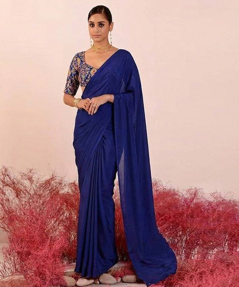 Blue embroidered crepe pre draped saree set