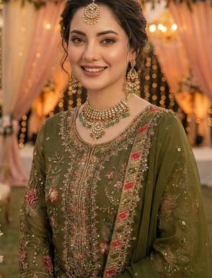 Mehendi chiffon suit with embroidered sequin  2