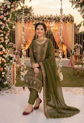 Mehendi chiffon suit with embroidered sequin  3