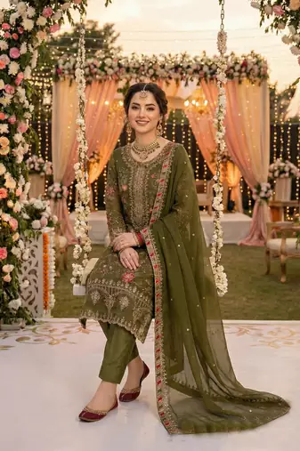 Mehendi chiffon suit with embroidery & sequin work