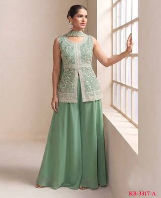Green georgette stitched palazzo suit with embroidered sequin  1