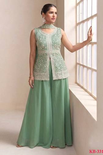 Green georgette stitched palazzo suit with embroidery & sequin work