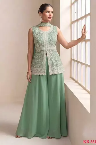 Green georgette stitched palazzo suit with embroidery & sequin work