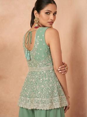 Green georgette stitched palazzo suit with embroidered sequin  3