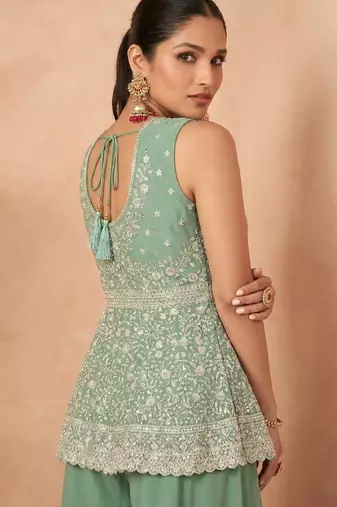 Green georgette stitched palazzo suit with embroidery & sequin work
