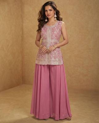 Pink georgette palazzo suit with embroidered sequin  1
