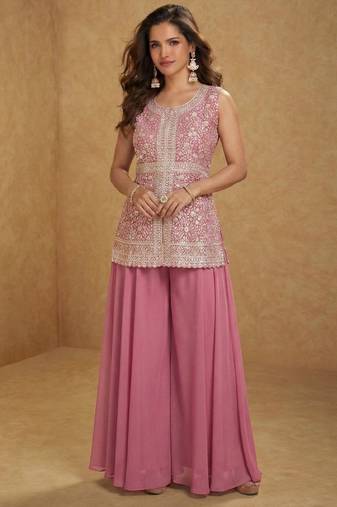 Pink georgette stitched palazzo suit with embroidery & sequin work