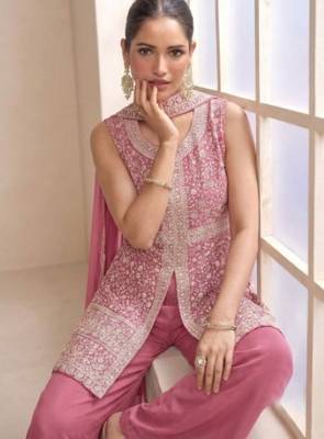 Pink georgette palazzo suit with embroidered sequin  2